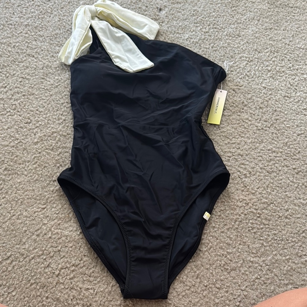Summersalt Black One-Shoulder Swimsuit with Cream Bow